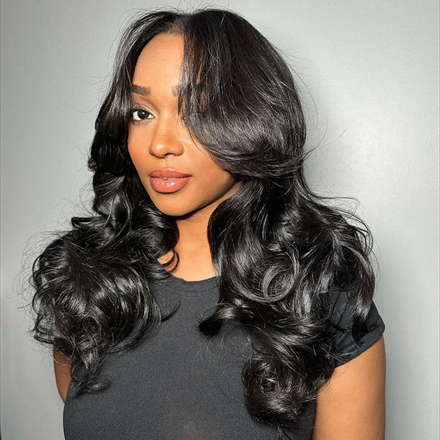 Loose Wave Curtain Bangs Wigs Glueless Hd Lace Human Hair Wigs Pre Ble 