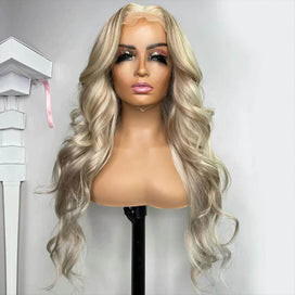 Blonde Highlight Curtain Bangs Body Wave Wigs 13x6 HD Lace Frontal Layered Human Hair Wigs