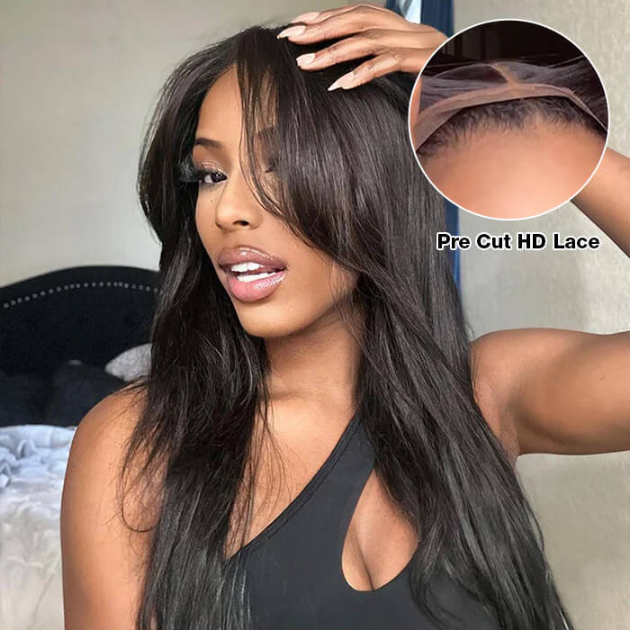 Layered Straight Curtain Bang Wig Ready Go Glueless 13x4 Lace Wig With Pre Bleached& Pre Cut