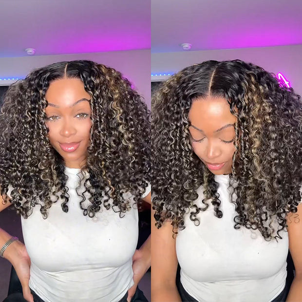 Balayage Highlights Water Wave Put on and Go 8x5 HD Lace Closure Wig No Glue Need M1b/27 Colored Wig