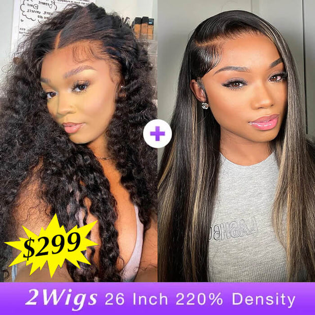 [2Wigs 26inch] Pre-Everything Deep Wave + Straight #1b/27 Highlight Glueless Wig