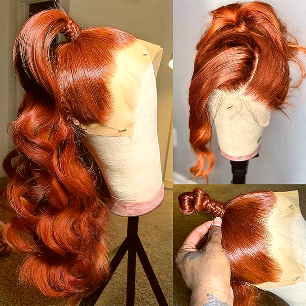 Ginger Orange Colored Invisible-Pull String 360 Lace Frontal Wigs Glueless HD Lace Human Hair Wigs