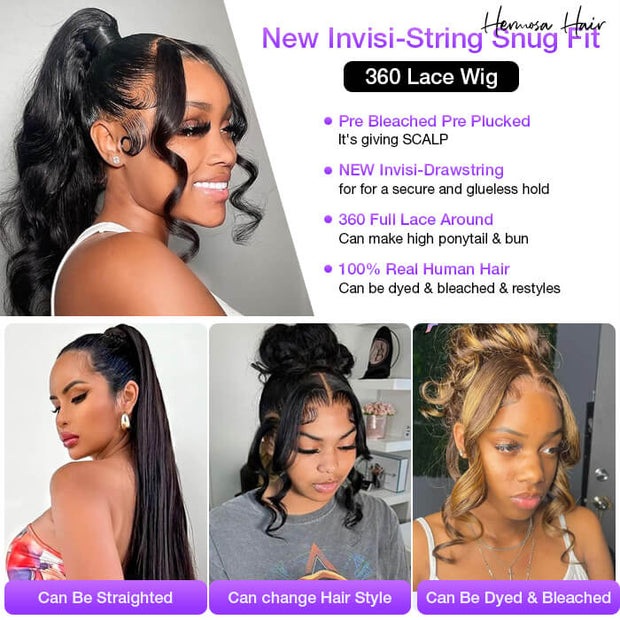 Body Wave Invisi-Pull String Snug Fit 360 HD Lace Frontal Glueless Wig With Pre Bleached Knots