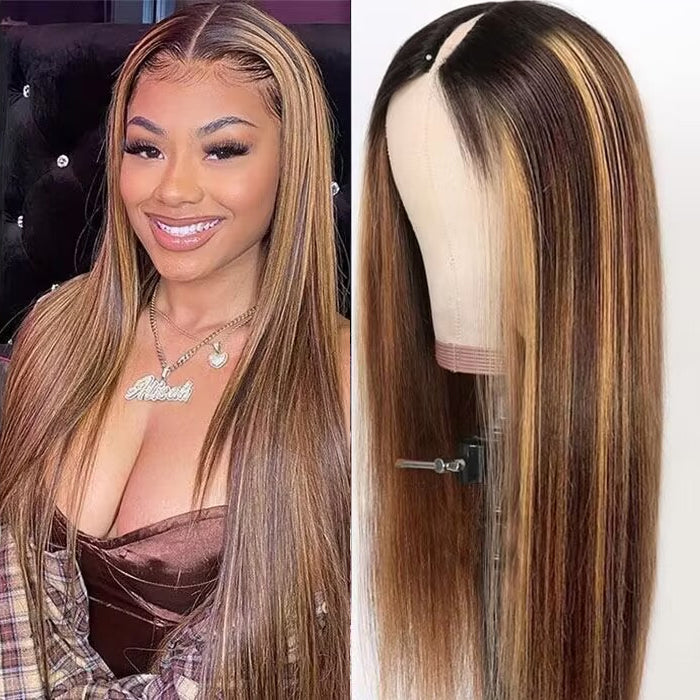 4 27 Blonde Highlight V U Part Wigs Human Hair Straight V Part Wig