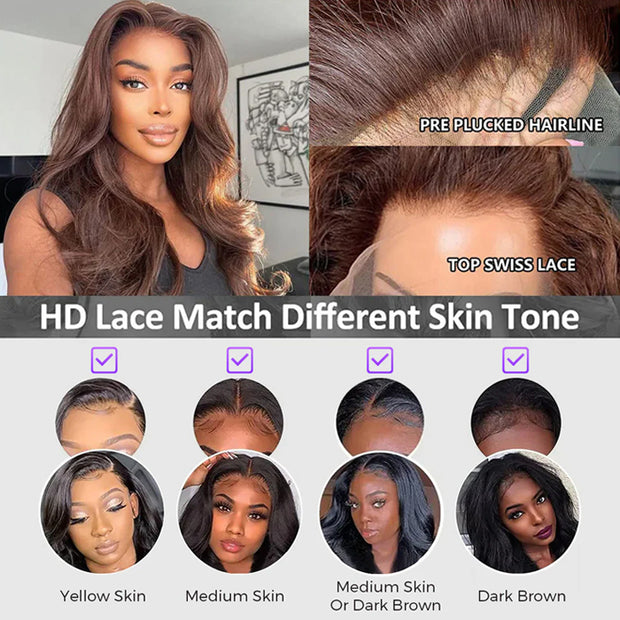 #4 Brown Wig Straight & Body Wave Natural Human Hair Wig Colored Lace Front Wigs