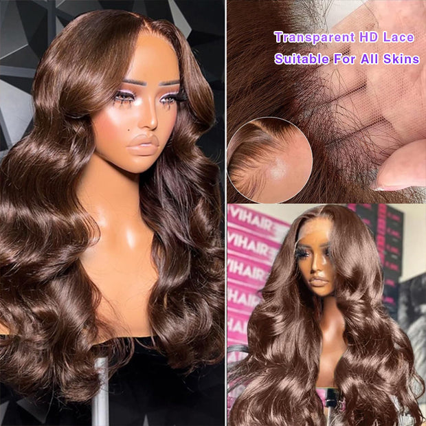 #4 Brown Wig Straight & Body Wave Natural Human Hair Wig Colored Lace Front Wigs