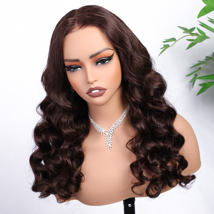 #4 Chocolate Brown Retro Glam Waves Glueless Wig 8x5 Closure HD Lace Pre Plucked Hairline Ready to Go