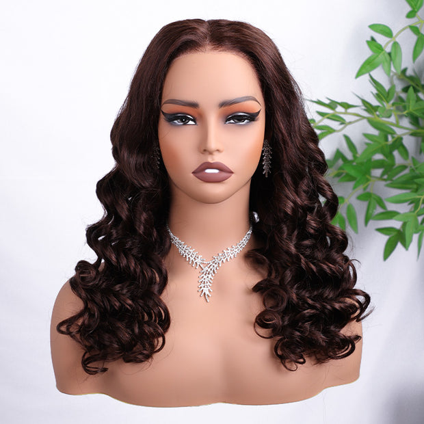 #4 Chocolate Brown Retro Glam Waves Glueless Wig 8x5 Closure HD Lace Pre Plucked Hairline Ready to Go