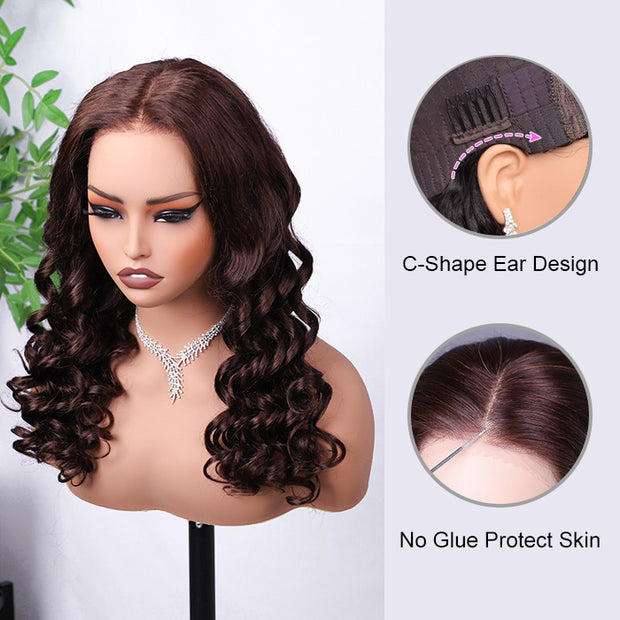 #4 Chocolate Brown Retro Glam Waves Glueless Wig 8x5 Closure HD Lace Pre Plucked Hairline Ready to Go