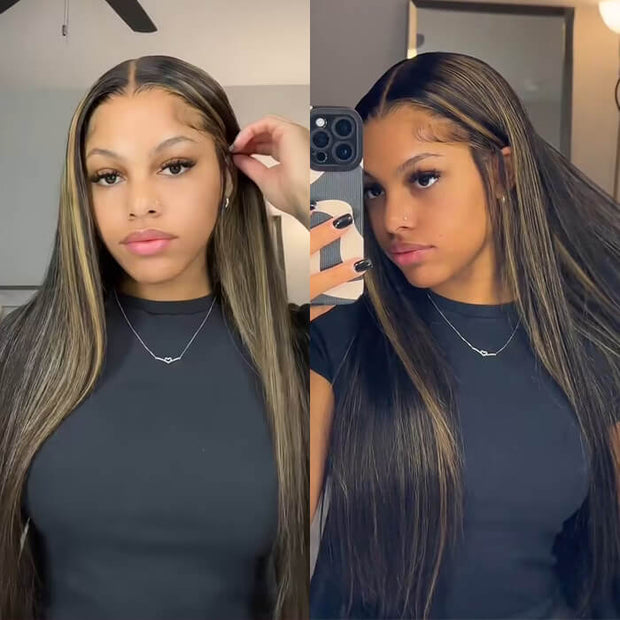 FF1B/27 Balayage Highlight 13x6 Full Lace Frontal Human Hair Pre Plucked Natural Hairline Glusless Wigs