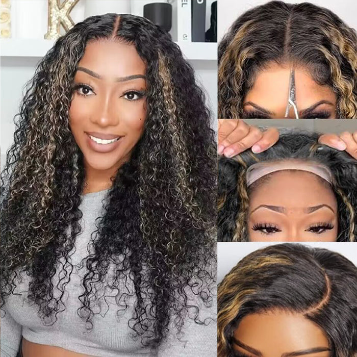 8x5 Balayage Black and Blonde Highlights Curly Wigs Put on and Go HD Lace Closure Wig