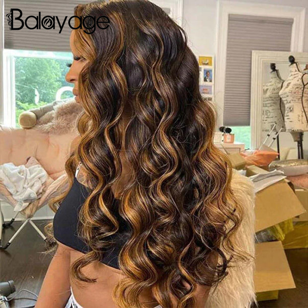 Body Wave 13x6 Transparent Lace Front Human Hair Wigs Pre Plucked Balayage Highlight Wigs With Baby Hair