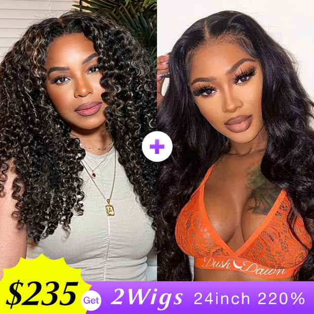 [2Wigs 220%] #1b/27 Highlight Jerry Curly + Body Wave Pre-All Put on And Go Glueless Wig