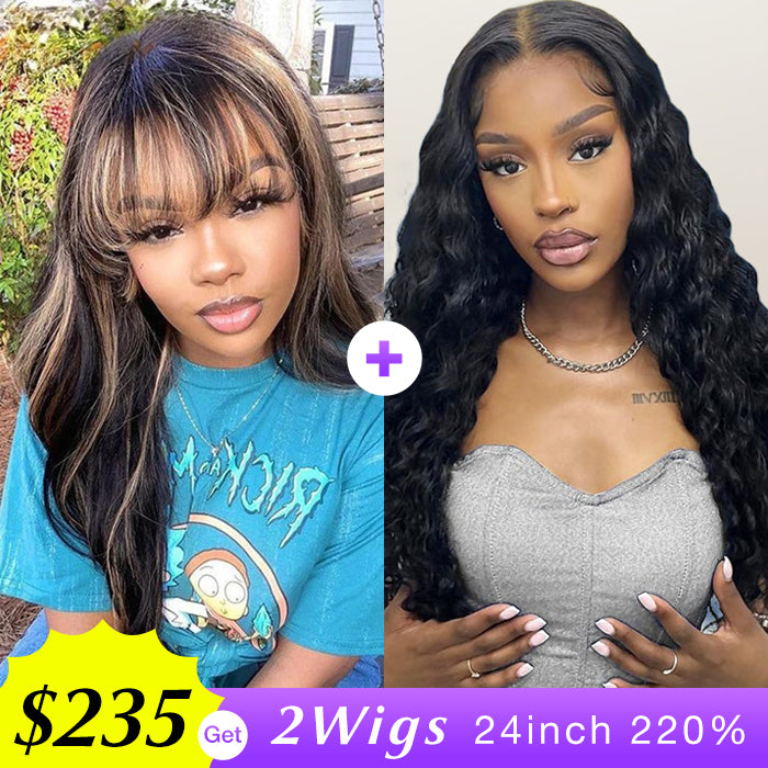 [2Wigs 220%]  Highlight Body Wave Wig With Bangs + Deep Wave Ready Go Glueless Wig
