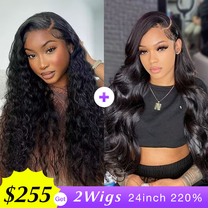 [2Wigs 220%] Left C Part Water Wave & 3D Body Wave Versatile 8x5 HD Lace Ready to Go Wigs