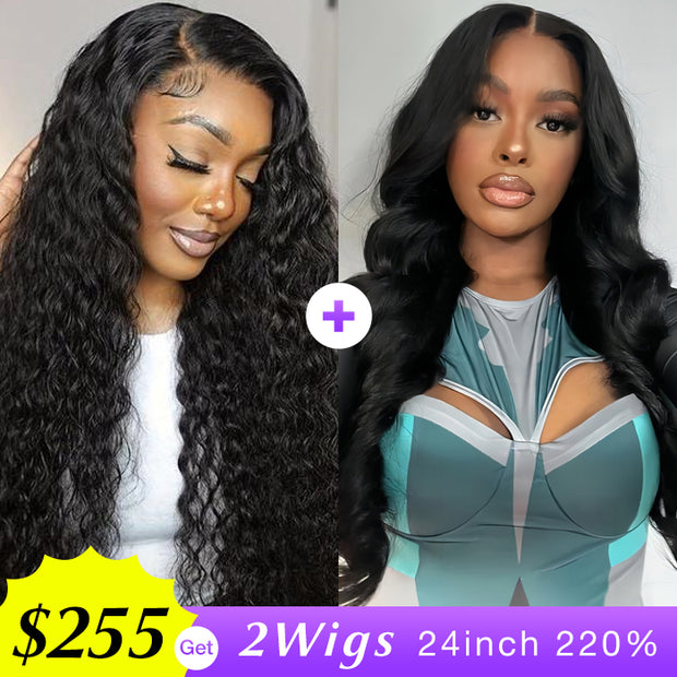 [2Wigs 220%] Water Wave & Body Wave Pre-Cut & Pre-Pluck & Pre-Bleached Put on and Go Wig