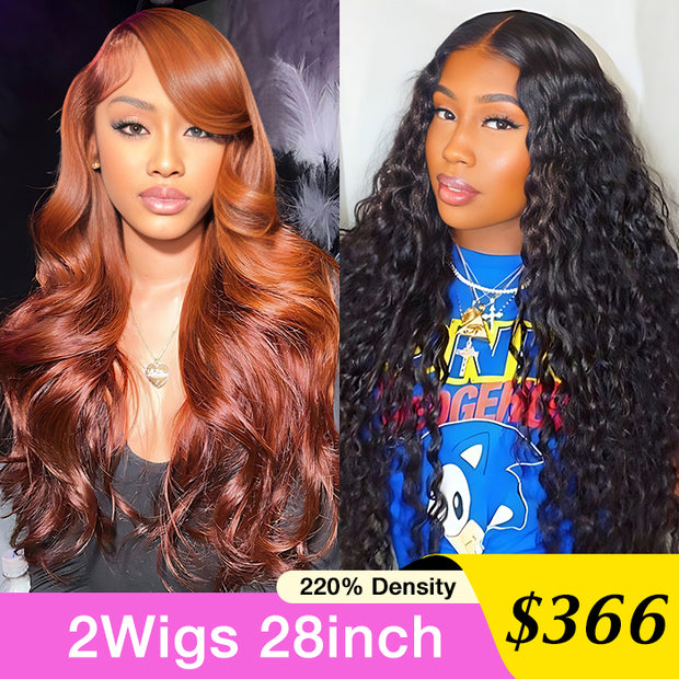 [2Wigs 28inch] #33 Reddish Brown Body Wave Wig + Water Wave Ready To Go Glueless Wig