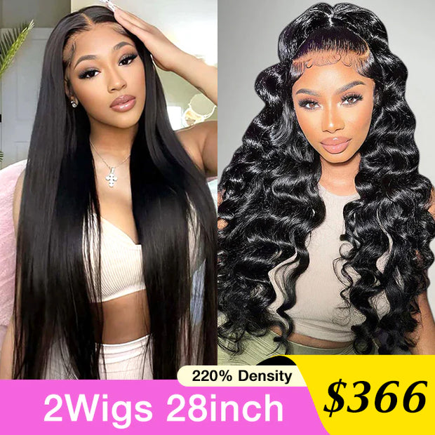 [2Wigs 28inch]  Silky Straight & Loose Wave Ready To Go Pre Cut Lace Bleached Knots Glueless Wigs