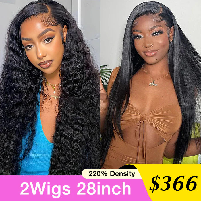 [2Wigs 28inch]  Left C Part Water Wave & Silky Straight 3S Quick Install Ready to Go Wigs