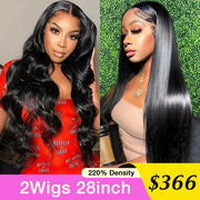 [2Wigs 28inch] Body Wave & Silky Straight Glueless Put On & Go Bleached Knots Lace Wig