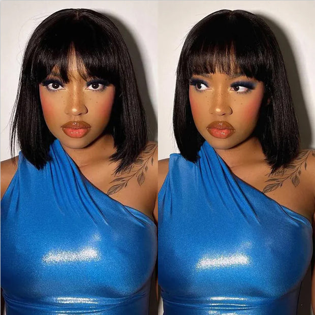 Short Bob Straight Wig With Bangs Glueless None Lace Full Machinemade Human Hair Wigs Quick Install