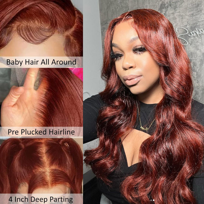 #33 Auburn Reddish Brown Color 4x4 HD Transparent Lace Closure Human Hair Wigs