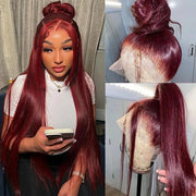 99J Burgundy Invisi-Pull String 360 Full Lace Frontal Wig Glueless HD Lace Human Hair Wigs