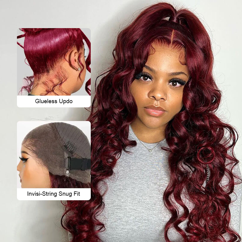 99J Burgundy Invisi-Pull String 360 Full Lace Frontal Wig Glueless HD Lace Human Hair Wigs