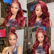 99J Burgundy Invisi-Pull String 360 Full Lace Frontal Wig Glueless HD Lace Human Hair Wigs