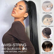 Silky Straight Invisi-String Snug Fit 360 HD Lace Frontal Bleached Knots Human Hair Wig