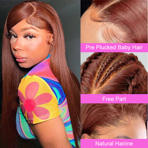 #33 Reddish Brown Color Invisible-Pull String 360 Lace Frontal Wigs Glueless HD Lace Human Hair Wigs