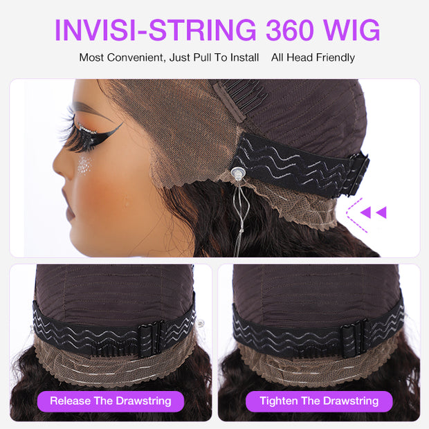 Deep Wave Invisi-String Snug Fit for 360 Skin Lace Frontal Pre-cut & Pre-bleached Human Hair Wig For Women