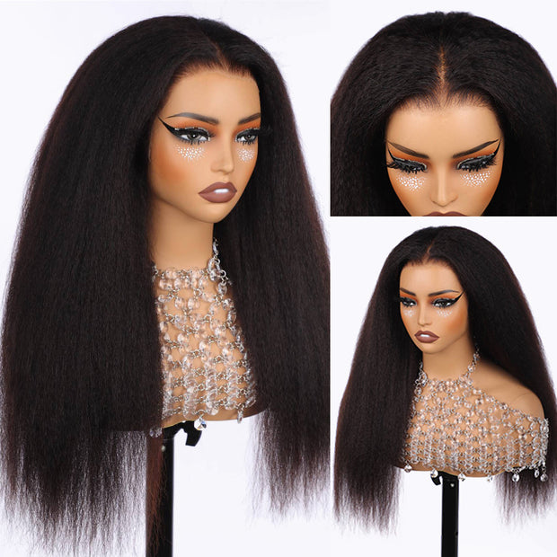 Kinky Straight Invisible-String Snug Fit 360 Full Lace Pre Plucked & Bleached HD Lace Glueless Wigs