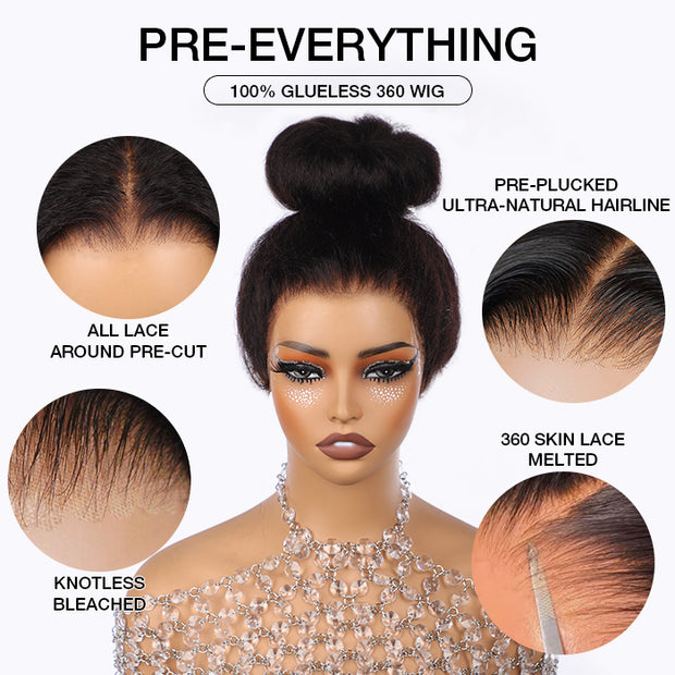 Kinky Straight Invisible-String Snug Fit 360 Full Lace Pre Plucked & Bleached HD Lace Glueless Wigs