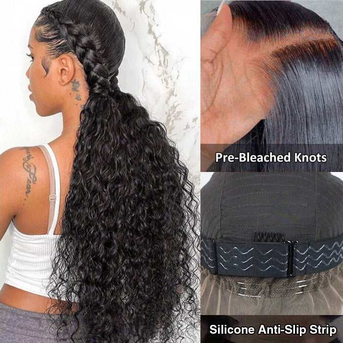 Water Wave Invisi-Pull String Snug Fit 360 HD Lace Frontal Glueless Wig WIth Bleached Knots