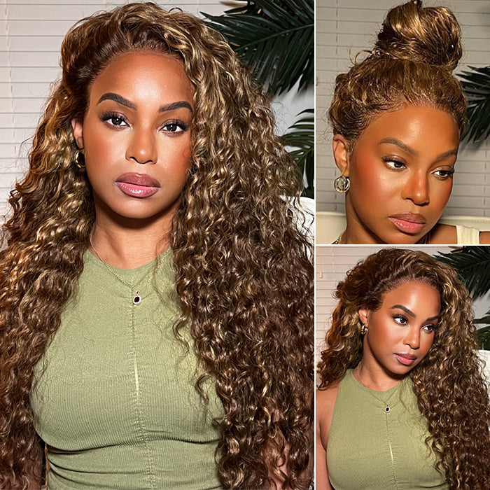 Highlight Ombre Color Deep Wave Invisi-String Snug Fit 360 HD Transparent Lace Frontal Wig Glueless Human Hair