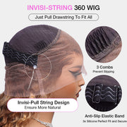 Highlight Ombre Color Deep Wave Invisi-String Snug Fit 360 HD Transparent Lace Frontal Wig Glueless Human Hair