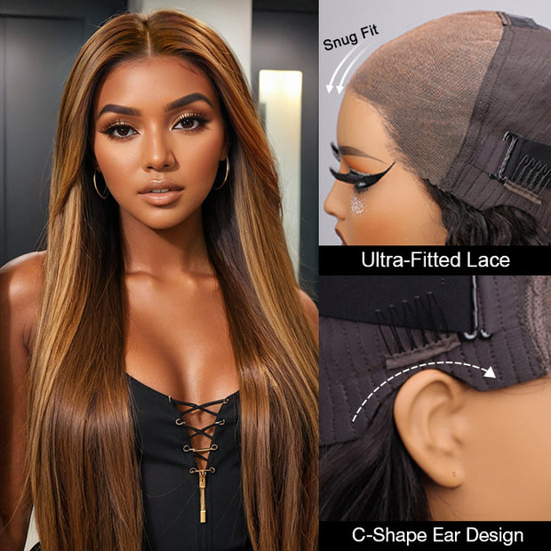 Ready & Go Blonde Highlight Straight Wig Upgrade 8*5 Pre Cut Lace Closure Wigs For Sale #P4/27 Color