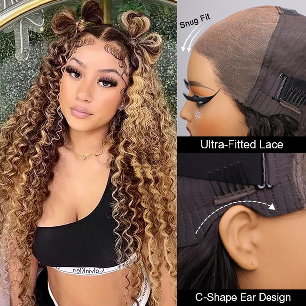 Highlight Deep Wave Ready & Go Glueless Wig 8*5 Pre Cut Lace Closure Wigs #P4/27 Color