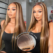 Ready & Go Blonde Highlight Straight Wig Upgrade 8*5 Pre Cut Lace Closure Wigs For Sale #P4/27 Color