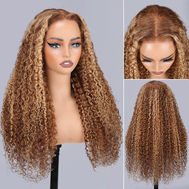 Highlight Curly Lace Front Wigs #4/27 Color Brazilian Remy Human Hair Wig Pre Plucked