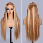 4/27 Highlight Brown Straight Wig 13x4 13x6 HD Lace Front Wigs Honey Blonde Human Hair Wigs