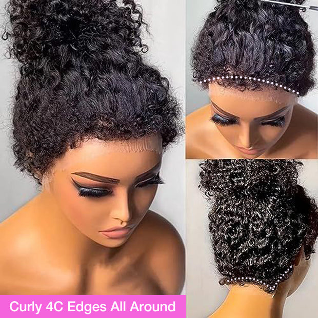 4C Curly Edges Invisi-String Snug Fit 360 Curly Lace Front Human Hair Wig Pre Bleached Knots with Curly Baby Hair All Around