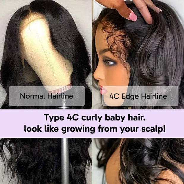 Natural 4C Edges Curly Baby Hair 13X4 HD Lace Front Human Hair Wigs Body Wave Wigs