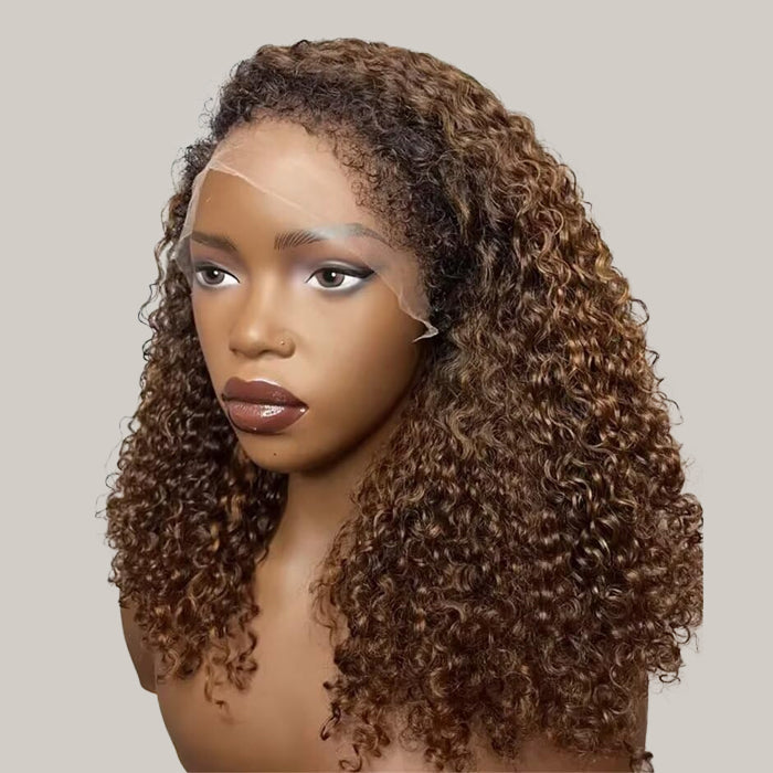 4C Curly Edges Hairline Wig Golden Brown Color Double Drawn Human Hair Curly Wigs 13x6 Full HD Lace Wig