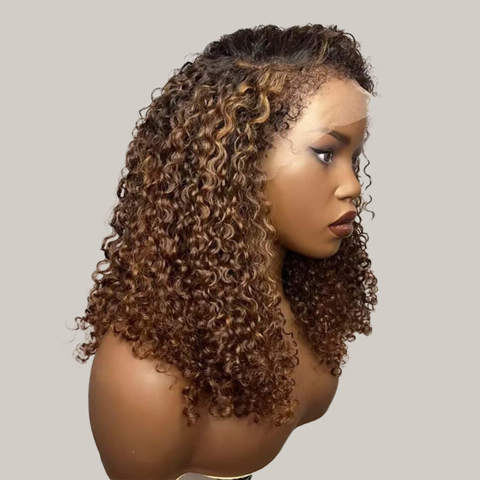 4C Curly Edges Hairline Wig Golden Brown Color Double Drawn Human Hair Curly Wigs 13x6 Full HD Lace Wig