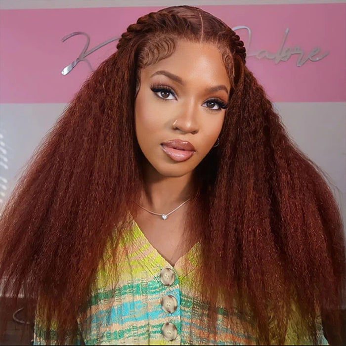 #33 Red Brown Auburn Colored Kinky Straight 13x6 HD Transparent Lace Frontal Wigs