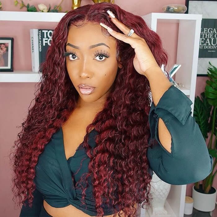 #99J Burgundy Wig Deep Wave Glueless Ready & Go Pre Cut Lace Closure Wig with Natural Hairline