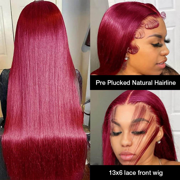 13x6 HD Lace Front Wig Human Hair Wigs 99J Burgundy Pre-Plucked Remy Human Hair Deep Part Wigs