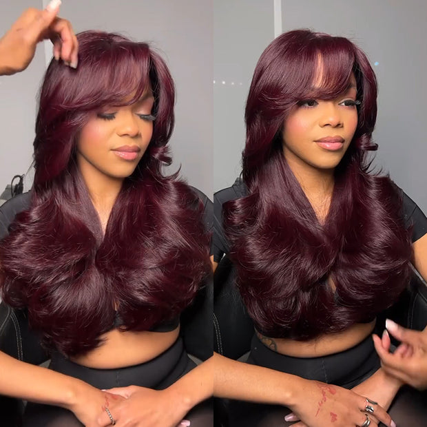 Black Cherry Curtain Bang Body Wave Classic HD Lace Human Hair Wigs Pre Everything Dark Burgundy Hair Color Wig